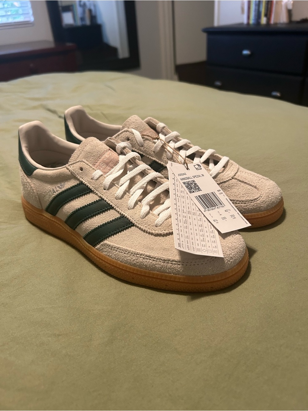 adidas Suede Sneakers in Off-White with Dark Green Stripes and Gum Sole